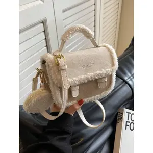 Fashionable Beige Vintage Furry Mini Square Handbag, New Arrival Fur Purse, New Arrival Fur Bag For Women