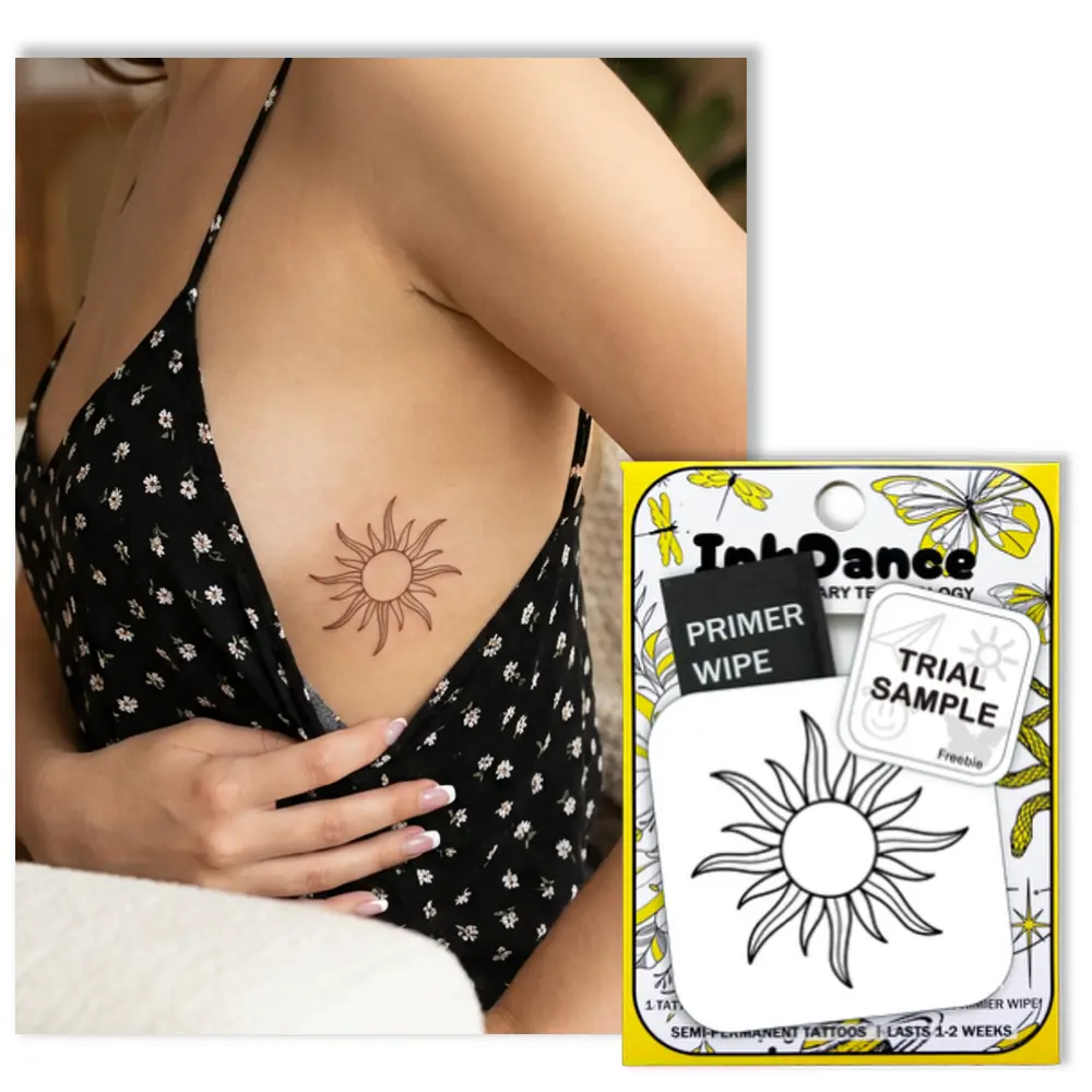 InkDance Semi-Permanent Tattoo, Radiant Tribal Sun, Long Lasting Temporary Tattoos, Waterproof Plant-Based Ink, Lasts 1-2 Weeks, Color Develops in 24 Hours MNF008