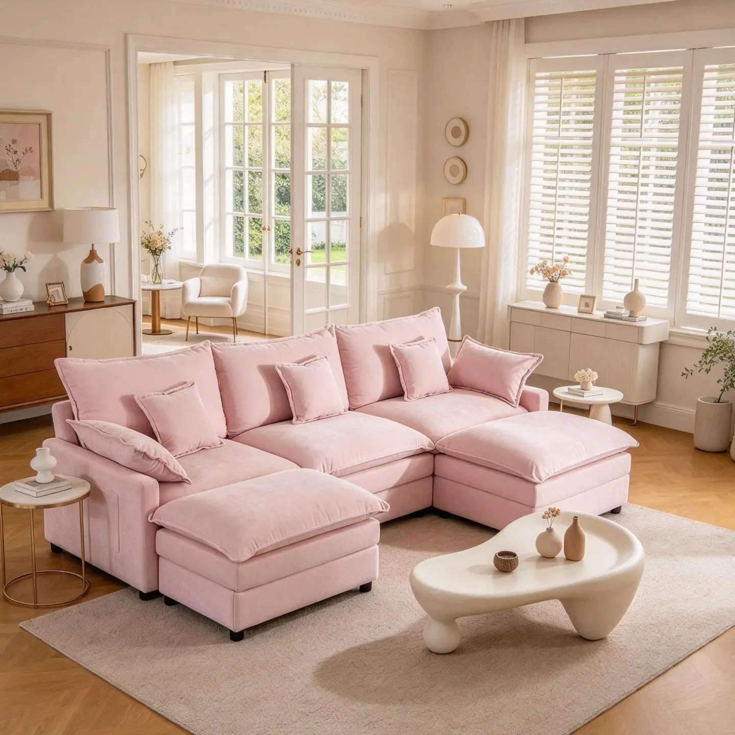 Large Comfortable 108" U-Shaped Modular Cloud Sofa, 3-Seater Sectional with 2 Movable Ottomans,Deep Seat,Chenille,Linen,SohoChic