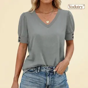 Yodutry | Womens Tops Short Sleeve Shirts Buttons V Neck Spring Fashion Summer Outfits Plus Size Blouses Dressy Casual