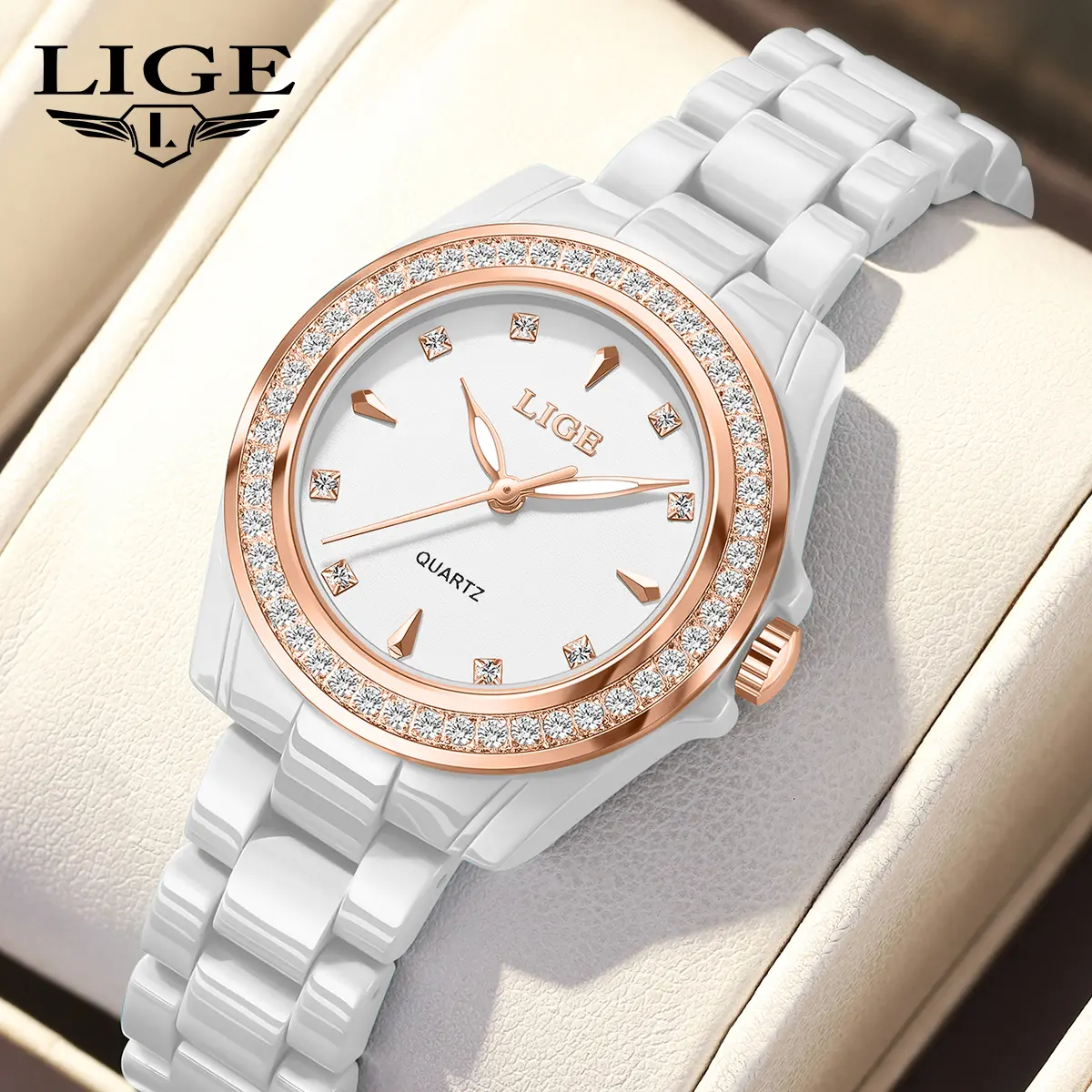 LIGE Women's Elegant Watch with Ceramic Strap, 32mm Analog Dial, Quartz Movement, Luminous Hands and 30M Waterproof, Elegant Look
