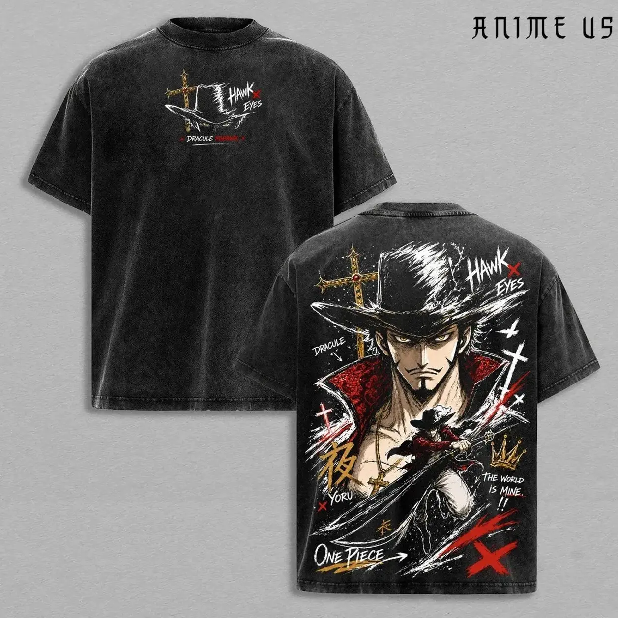 Dracule Mihawk Vintage Washed T-Shirt One Piece Anime Graphic Tee Oversized Streetwear Shirt Manga Fan Gift Unisex Anime Clothing CSS