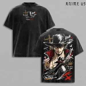 Dracule Mihawk Vintage Washed T-Shirt One Piece Anime Graphic Tee Oversized Streetwear Shirt Manga Fan Gift Unisex Anime Clothing CSS
