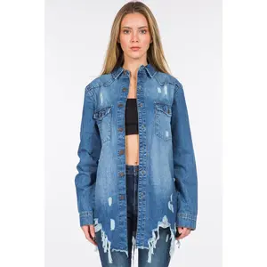 American Bazi Distressed Frayed Hem Denim Jacket