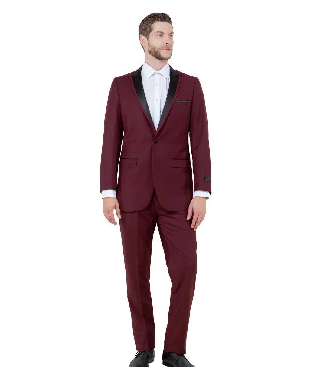 Vanguard Collection: Burgundy Tuxedo with Black Satin Peak Lapel – Slim Fit