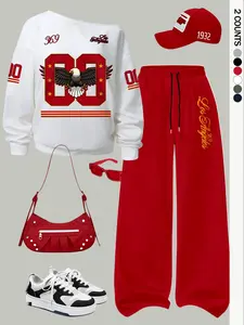 Women's Casual Style Loungewear Loose Fit Two-Piece Set, Digital Eagle Print Hoodie and Straight Leg Pants, Fall & Winter, Regular Length