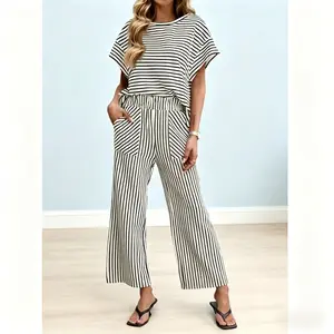 Women's Striped Two-Piece Set, Short Sleeve T-Shirt + Wide Leg Pants, Casual Loungewear Set with Pockets