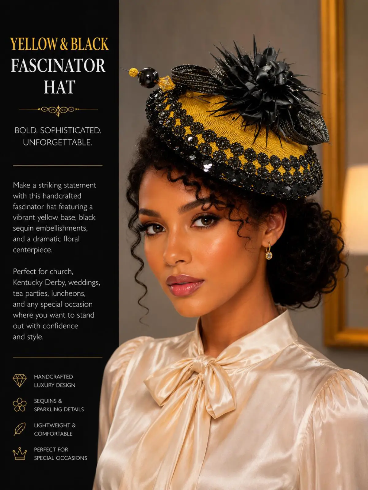 Elegant Yellow Black Fascinator Hat for Women – Church Hat – Kentucky Derby, Tea Party & Special Occasion Headpiece