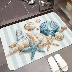 Ocean-Style Absorbent Algae Mat, Non-Slip Bathroom Rug, Shell Starfish Decor, Blue Striped Design, Quick-Dry Material, Home Decoration Essential