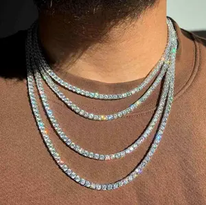 VVS1 Moissanite Necklace Sterling Silver Tennis Necklace Iced Out Chain Diamond Simulant 2mm 3mm 4mm 5mm 6.5mm Gift for Him and Her