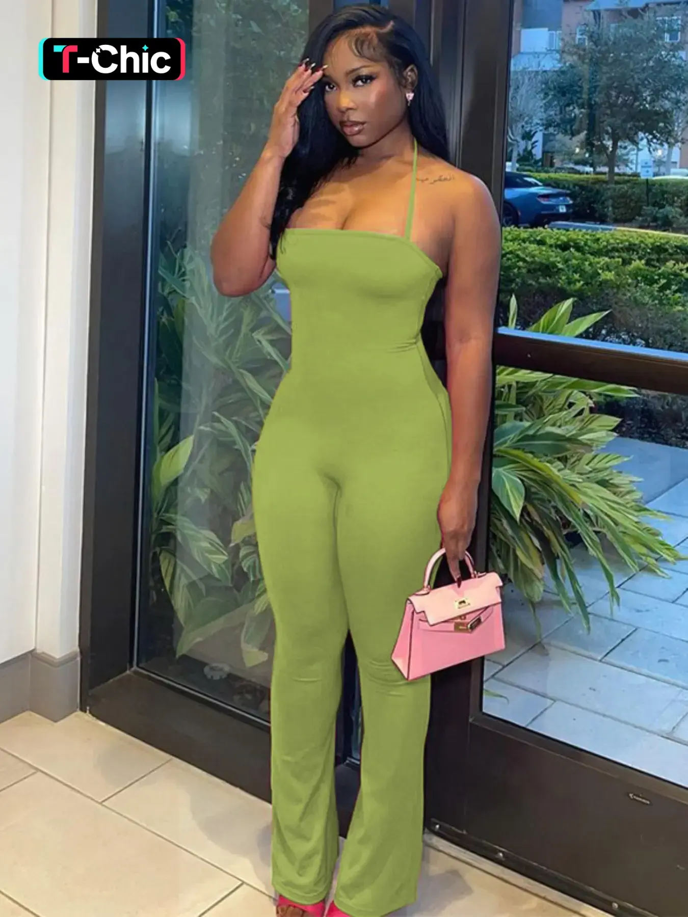 Women's Solid Color Backless Cami Flare Leg Jumpsuit, Casual Halter Neck Sleeveless Bell Bottom Jumpsuit, Flared Leg Jumpsuit for Summer, Lady's Basic One-Piece Outfit, Casual Summer Jumpsuits, Womenswear