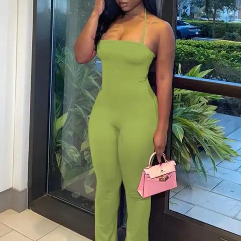 Women's Solid Color Backless Cami Flare Leg Jumpsuit, Casual Halter Neck Sleeveless Bell Bottom Jumpsuit, Flared Leg Jumpsuit for Summer, Lady's Basic One-Piece Outfit, Casual Summer Jumpsuits, Fashion Jumpsuit, Womenswear