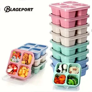 1Pcs Bento Snack Containers 4 Divided Compartments Wheat Straw Snack Box with Lid Reusable Meal Prep Lunch Box Food Storage Containers for Adults Travel Work