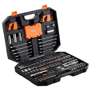 VEVOR Mechanics Tool Set and Socket Set, 1/4" and 3/8" Drive Deep and Standard Sockets, 145 Pcs SAE and Metric Mechanic Tool Kit with Bits, Combination Wrench, Hex Wrenches, Accessories, Storage Case