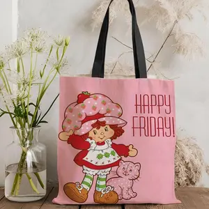 S-Stawberry Shortcake Storage Bags Canvas Double-Sided Print Black and White Tote Bag Large Capacity Shoulder Students Festive Fashion Eco Outdoor Picnic Travel High Quality Shopping Handbag Machine Washable Casual Tote Bag