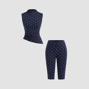 Cider Cotton-blend High Neck Polka Dot Asymmetrical Hem Top & Mid Rise Capri Pants Set