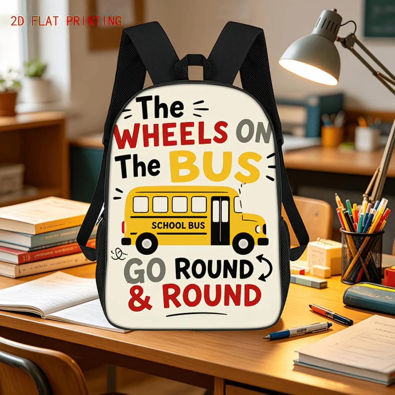 1pc 2D Flat Rolling School Bus Large-capacity Casual Backpack, Lightweight and Durable, Zipper Closure, 17-inch Laptop Bag, Travel Gear | Vibrant Backpack |Bag