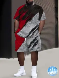 Men's Plus Size Sportswear Set, Round Neck Short Sleeve Tee & Shorts, Full Print Design, Comfortable Breathable Summer, Sports Activewear Set, Athleisure Wear Set, Sportswear All Seasons