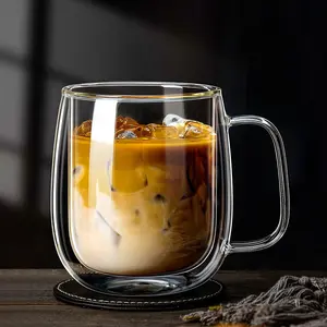 Double Wall Glass Coffee Cup Set, Large Transparent Handle Mug, Classic Style Espresso Latte Cappuccino Tea Cups, Home Use