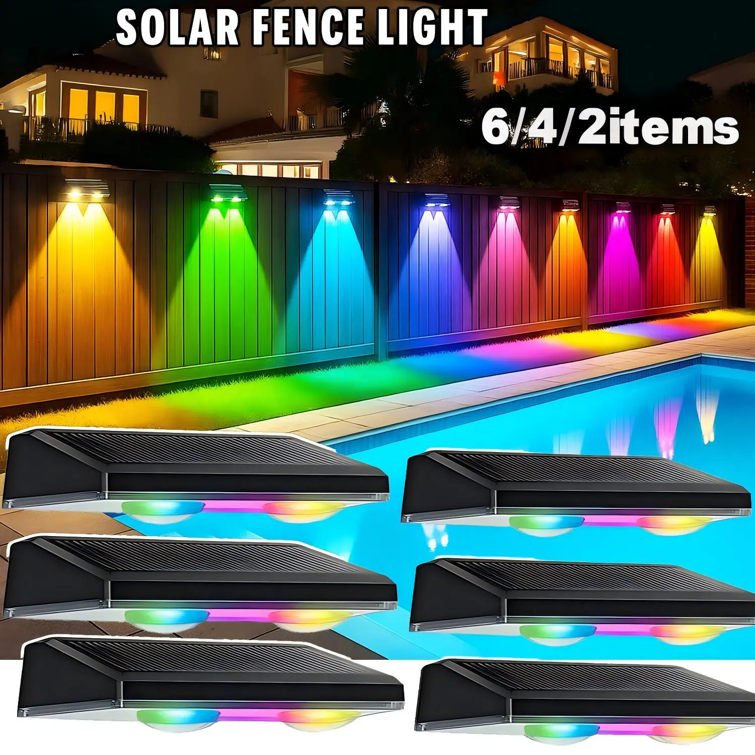 Solar Fence Lights Outdoor, Color Changing, Waterproof IP44, 11 Modes, 9 RGB Solar Lights Waterproof with LED Focus Lens for Wall Backyard Deck Patio Porch Step Pool Decor