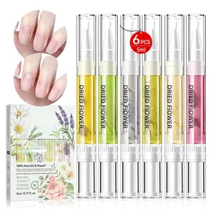 Floral Cuticle Oil Pen: 6Pcs 5ml Large Capacity Nail Growth Oil with Real Flowers For Revitalizing Hydrating Repairing Nail Strengthener Cuticles Softener Nail Growth Serum with Vitamin E