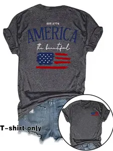 Women's American Flag Print Round Neck Tee, Casual Short Sleeve Crew Neck T-Shirt for Summer, Fashion Women's Top for Daily Wear, Casual Tee Tops, Womenswear