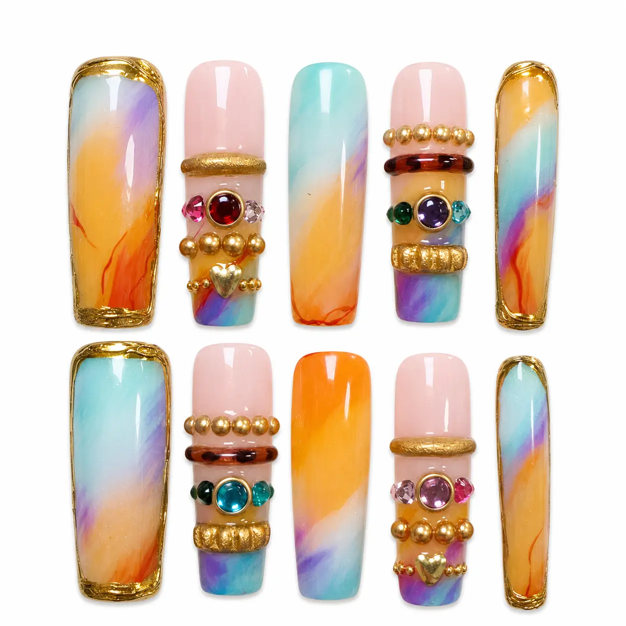 Press on Nails, Amber Tortoise Cat Eye Nails, Brown Marble Aura Nails, Glossy Full Cover Fake Nails, Trendy Fall Winter Party Manicure, Stick on Nails for Women, 10Pcs