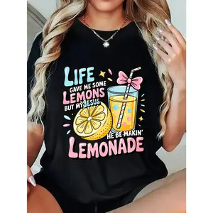 Women's Fun Christian Faith T-Shirt- "Life Gave Me Lemons, But Jesus Made Lemonade" Bible Verse Design with Lemon and Lemonade Print, Breathable Short Sleeve Round Neck Casual Top, Light Yellow Inspirational Christian Clothing