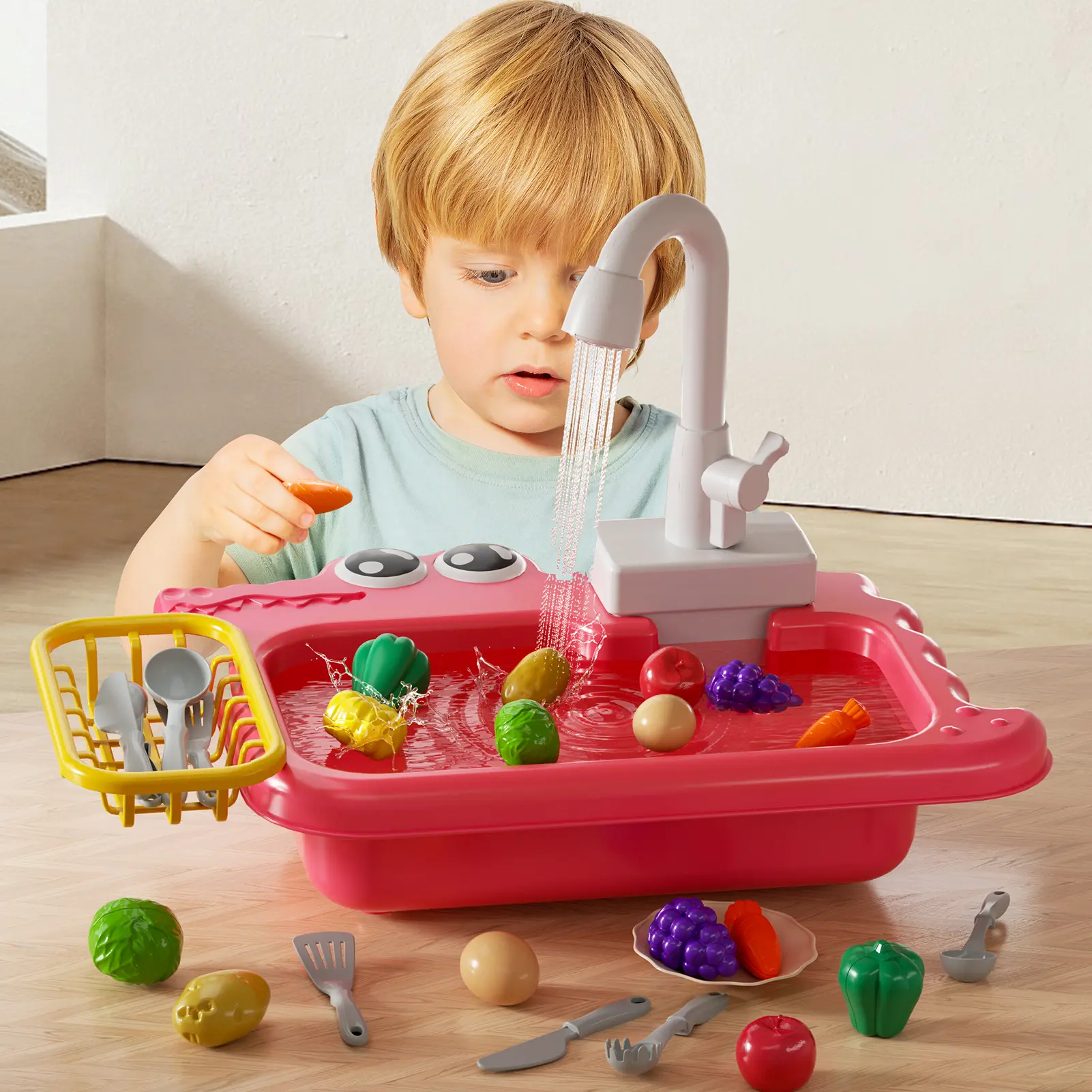 Educational Early Learning Toy for Kids Boys Girls,1 Set Running Water Kitchen Sink Toy, Pretend Play Cleaning Playset, Mini Kitchen Sink with Faucet, Play Food & Kitchen Accessories,  Toddler Role Play Dishwasher Toy, Summer Water Toy