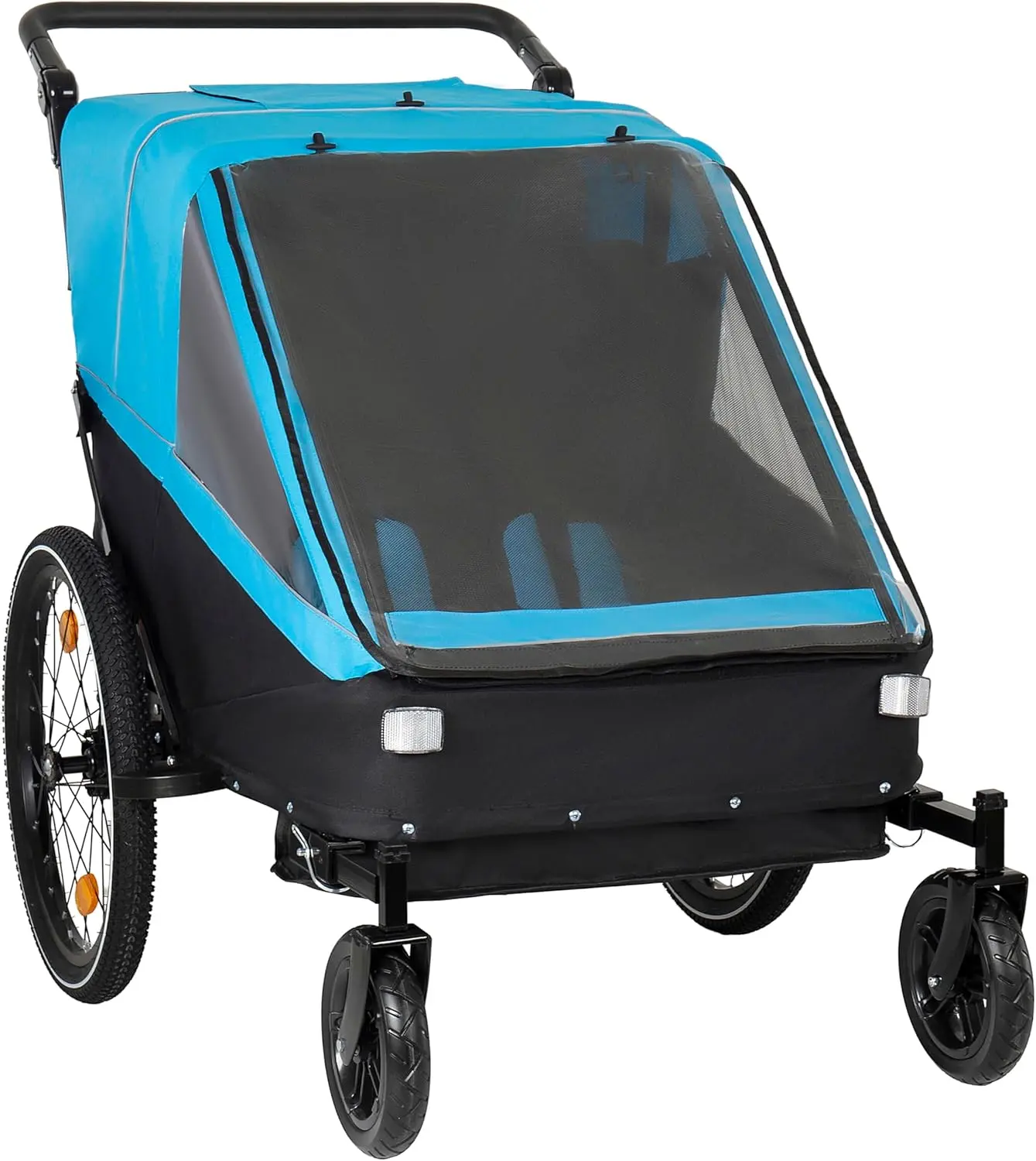 2-in-1 Kids Bike Trailer-Stroller for Children 1-2, Jogging Function with Rubber Universal Hitch, Foldable Compact Storage, 5-Point Harness, Cushioned Seat, Colored Sun Cover, Bright Flag & Storage Bags, Blue