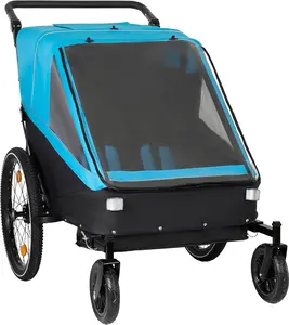 2-in-1 Kids Bike Trailer & Stroller for 1-2 Children – Jogging Function, Foldable Compact Storage with Universal Bike Hitch, 5-Point Harness & Storage Bags, Blue