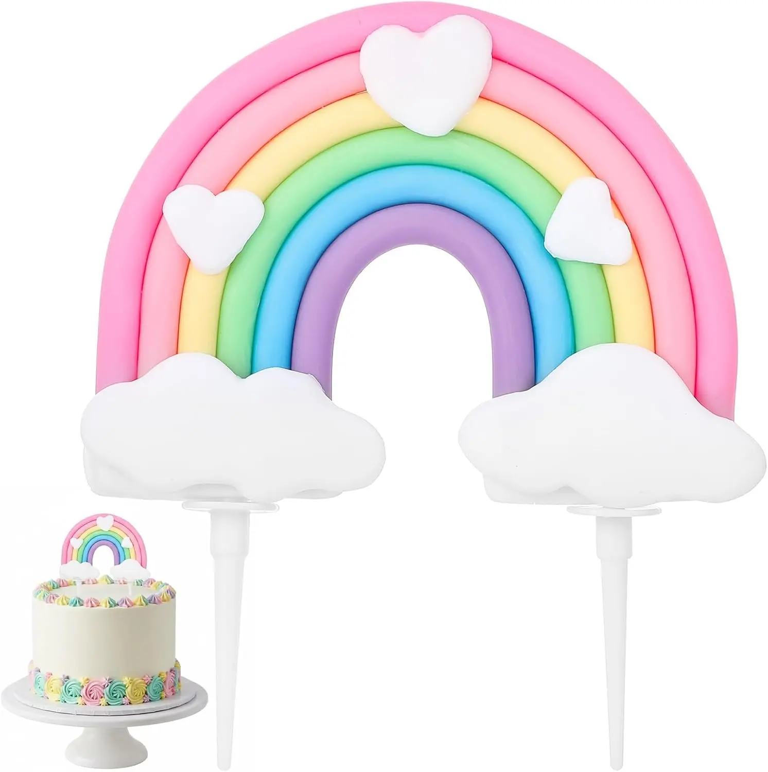 Soft Pottery Cake Topper - Cute Colorful Cloud, Heart & Rainbow Ornaments, Insertable Party Decor Supplies for Kids' Birthday, Wedding Home Decor, Insert