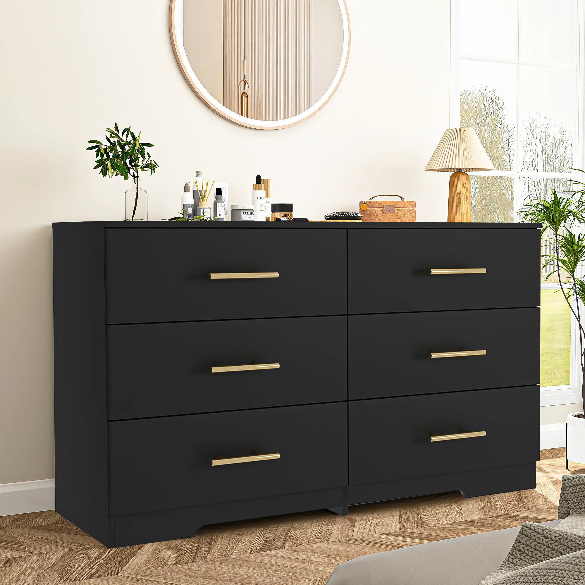 6 Drawer Wooden Dresser, Large Storage Cabinet Modern Chest of 6 Drawers Night Table, Bedroom Storage Organizer, Storage Dresser Chest of Drawers for