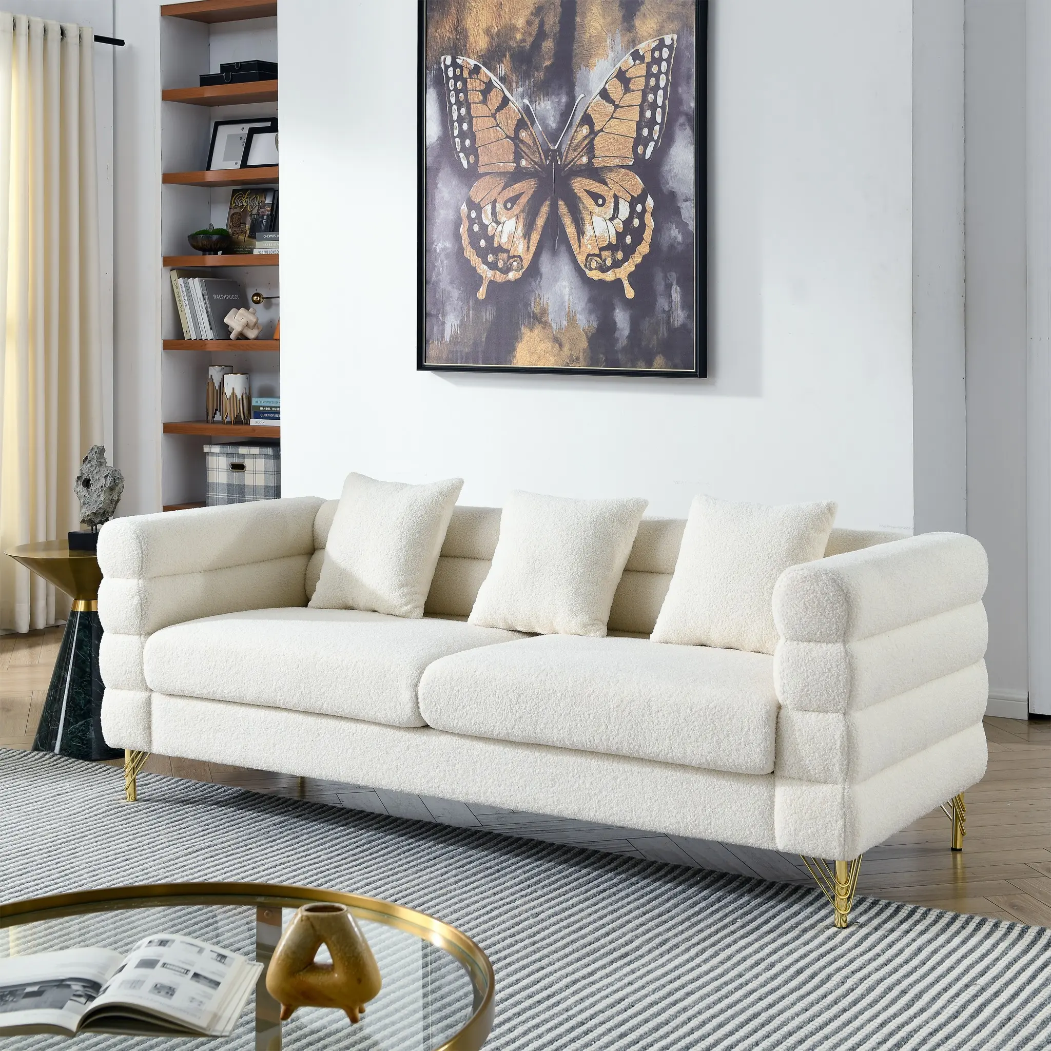 Eyisean 81" Midcentury Modern Boucle Sherpa 3-Seater Sectional Comfy Couch - 32''D x 81''W x 28''H Deep Sofa with 3 Pillows, Gold Metal Legs, Polyurethane Foam, Minimal Chic Luxury Furniture for Living Room, Assembly Required
