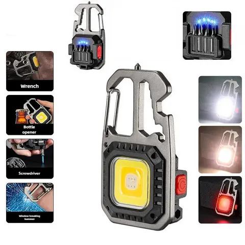 Cob Keychain Work Rechargeable Flashlight 6 Modes,4 in1 Screwdrivers 7in1 Wrench 1bottle Opener 1window-Breaking hamme for Camping, Fishing, Repair Walking Emergency 500 Lumen, 6-In-1 Multi-Tool Torches, Compact Multitool Torches