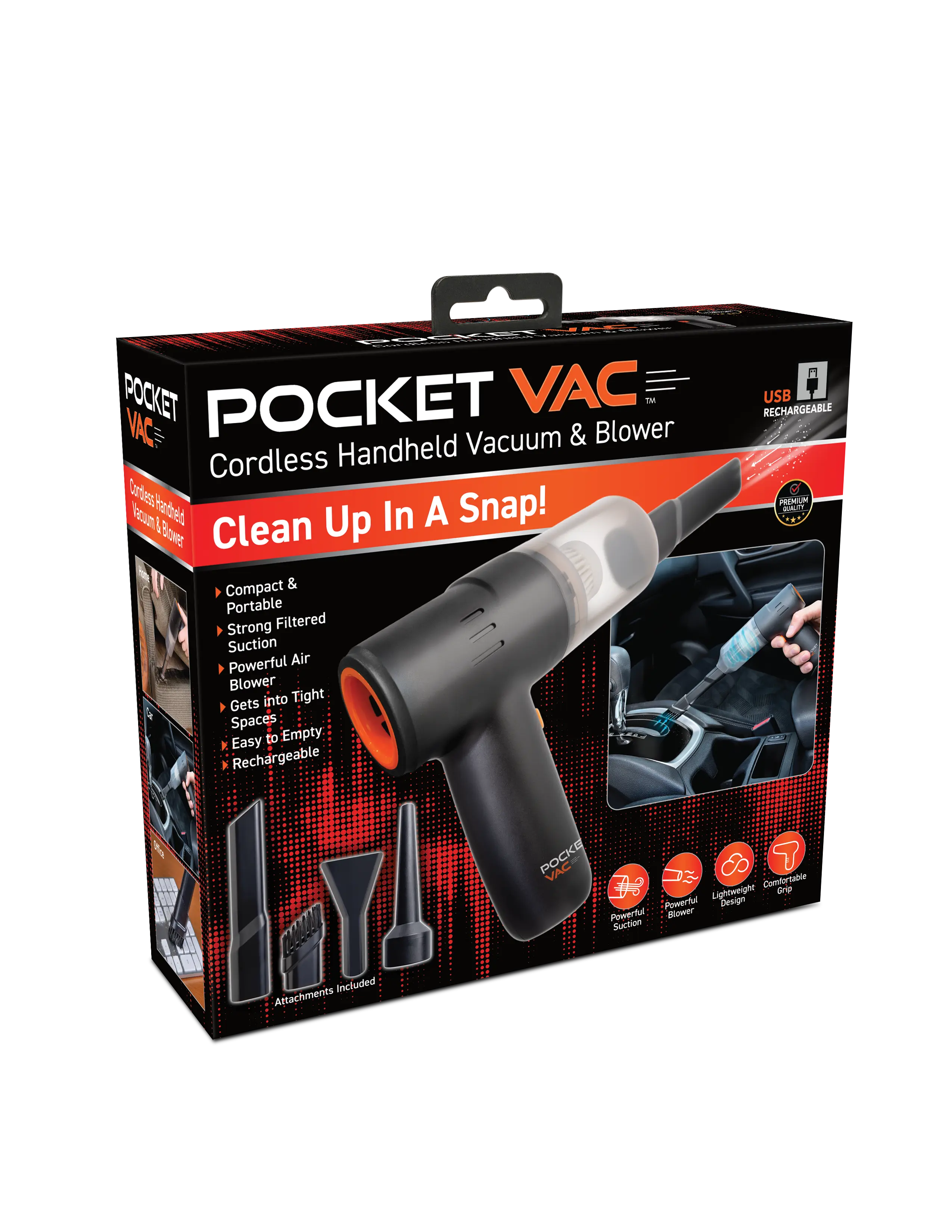 Pocket Vac Cordless Handheld Vacuum - USB Rechargeable, Compact & Light, Strong Suction, Multi-use Attachments