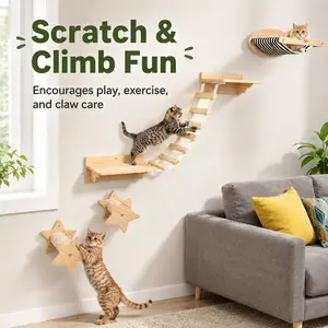 6-Piece Cat Wall Furniture Set - Wall-Mounted Space-Saving Playground with Hammock Bed, Climbing Ladder, Platforms, Sisal Scratching Posts for Indoor Felines Foldable Wood Pet Ramp Stool