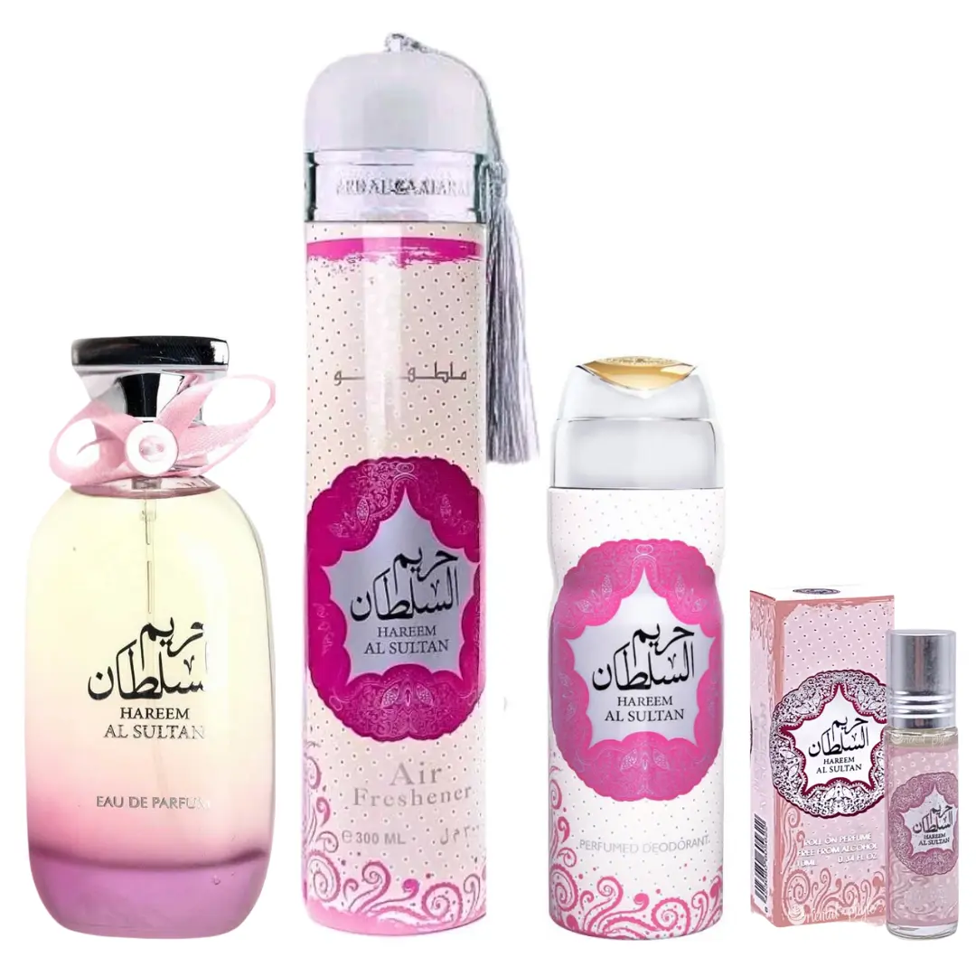 Ard Al Zaafaran Hareem Al Sultan Unisex Alcohol-Based Daily Use Fragrance Multi-Pack - Spicy Floral & Oriental Aromas, 3.4oz Floral Eau Perfume, 6.67oz Deodorant, 10.0oz Elegant Perfume Mist, 0.34oz (10ml) Roll-On, Floral Scents Perfume, Deep Floral Perfu
