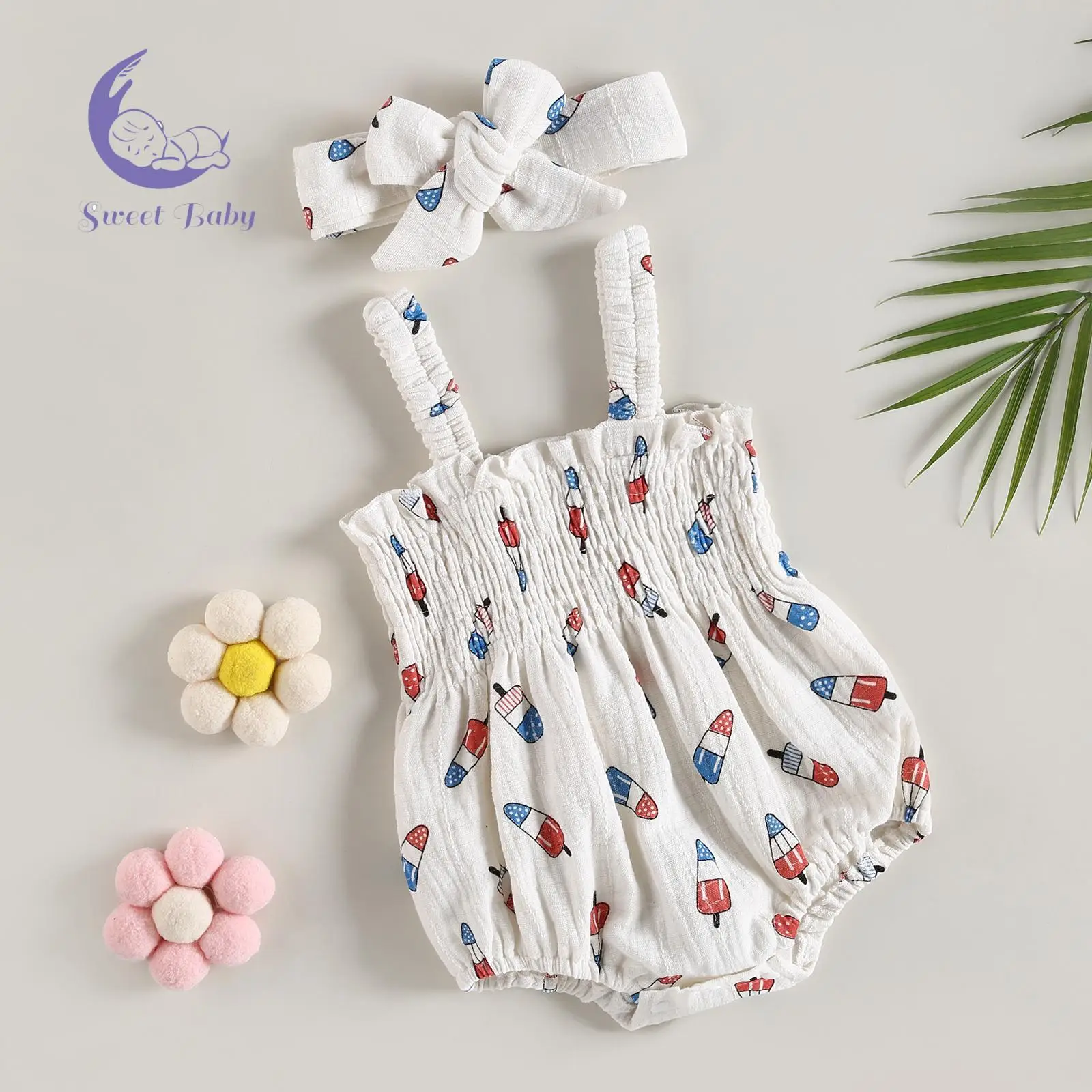 Independence Day Baby Girl Jumpsuit Set Summer Ice Cream Print Sleeveless Ruched Rompers and Stretch Headband Cute Newborn baby boy clothes baby cloth
