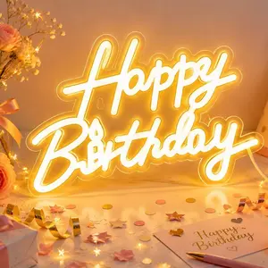 2 Styles RGB Color Changing Neon Sign with Music Sync Mode, Happy Birthday Letter / Firework Shape LED Neon Light, Multiple Lighting Modes USB Hanging Wall Lamp for Birthday Party Holiday Bedroom Photo Backdrop Decor Gift