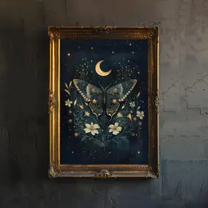 Celestial Moth Cottagecore Dark Academia Art Print, Mystical Insect Vintage Nature Poster for Living Room, Bedroom, or Gallery – 5 Size, 8x12 to 27x40 inch, Room Decor, Unframed