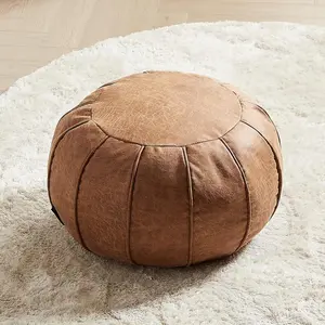 Unstuffed Moroccan Ottoman Pouf Cover, Waterproof Handmade Faux Decor Storage Solution, Footstool Pouffe Cover Replacement for Balcony Indoor 21dia Chestnut Brown, ONLY Cover