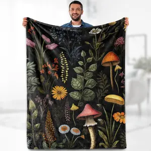 Boho Mushroom Blanket Gifts for Women - Bohemian Floral Vintage Plants Flowers Decor Throw for Girls Adults Soft Fuzzy Fleece Cozy Plush Bed Couch Birthday Christmas Lightweight Blanket 50"x60", Printed on One Side with a Plain White Back, Halloween Thank
