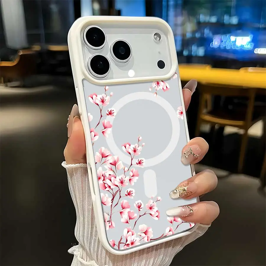 Magnetic Phone Case With White Frame, Elegant Fresh Design With Pink Peach Blossom Branch Illustration On Light Base, Compatible with iPhone 17 Pro Max, 16, 16 Plus, 15, 14, 13, 12 – Ideal Gift for Birthdays, Holidays