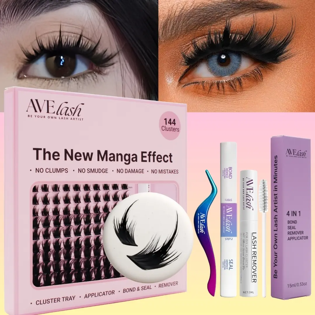 Manga Lash Clusters Kit California Sunset -  Include Anime Clusters 140 Mixed 8-18mm , Waterproof Bond & Seal, Remover, Applicator- Spiky Lash Clusters  - Fluffy Manga Eyelash- Wispy Anime D Curl AVELASH- Bunny Comic Wet Look Cosmetic Makeup Extensions