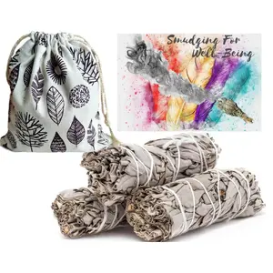 Sage Smudge Stick Set Bundle of 3 & Sage Leaves Storage Bag, Premium White California, 4" Smudging Sticks, Guidance Card, Positive Vibes!