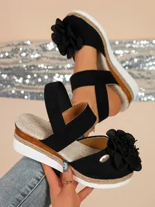 Women's Floral Straw Wedge Sandals, Closed Toe Elastic Strap Thick Sole Shoes, Bohemian Summer Vacation Footwear, Casual Textile Upper