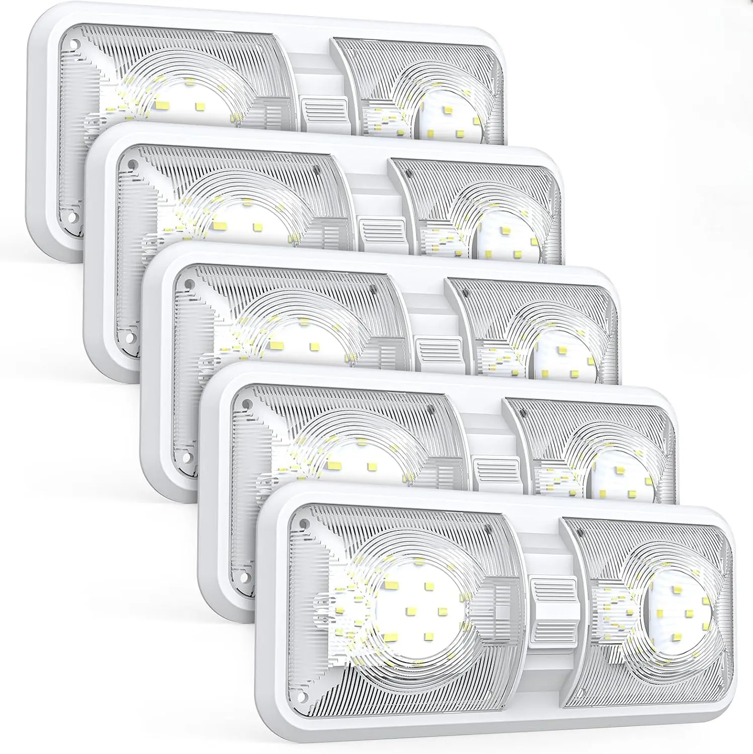5-Pack 12V High-Lumen LED RV Ceiling Double Dome Lights - Surface Mount Interior Light with Switch, Shockproof Camping Camper Trailer Upgrade Accessories, 600 Lumens