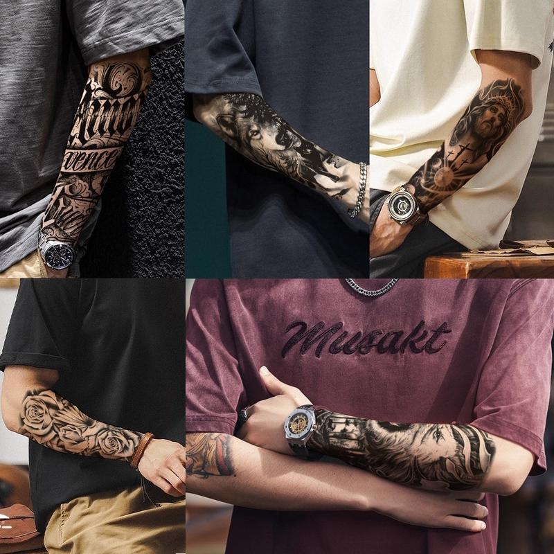 76 Sheets Large Black Temporary Tattoo Stickers - Tribal Wolves, Tigers, Lions, Snakes, Skulls, 12 Fake Tattoo Stickers for Men & Women Arm Designs