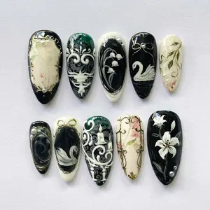Elegant Black & White Swan Nail Set, Vintage Baroque Floral Press On Nails, Hand-Painted Lily Art Nails, Gothic Romantic Wedding Nails